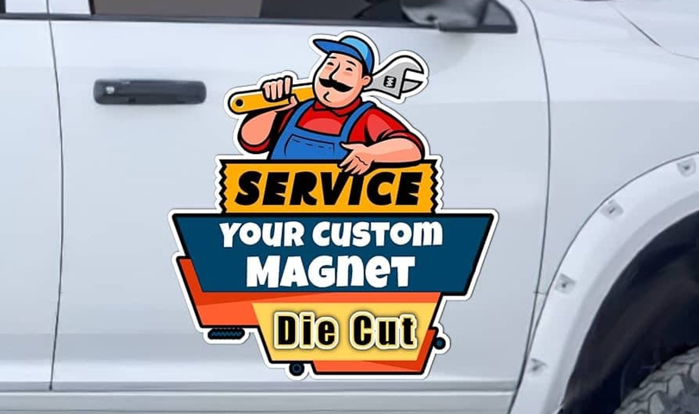 custom die cut magnet on the door of a truck