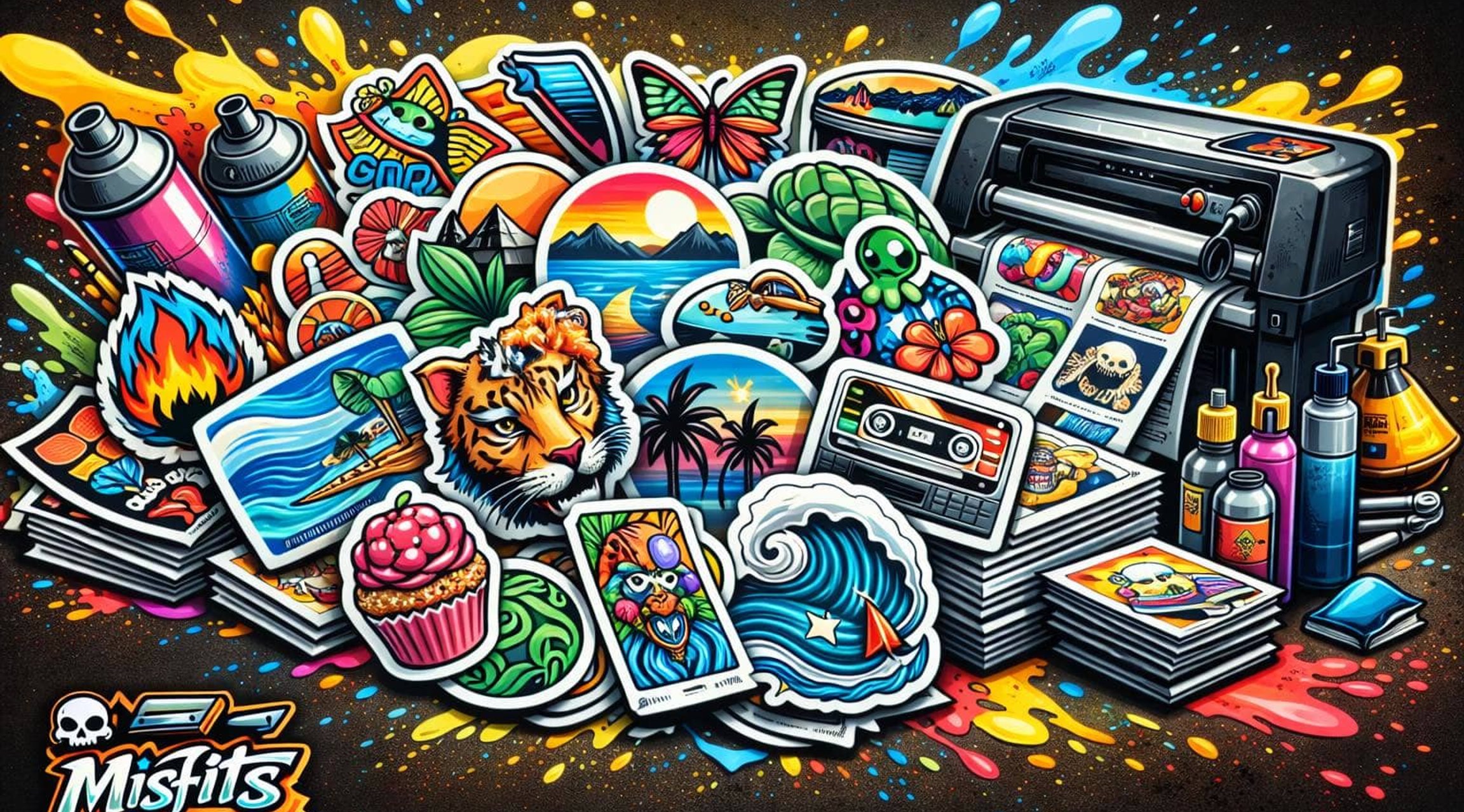 colorful custom stickers and prints spread around a printer